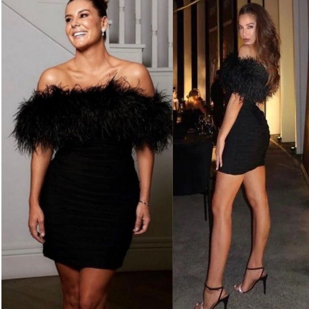 Rachel Gilbert Strapless Feather Trim Zion Mini Dress Black Size 10 Bodycon New